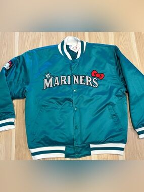 Seattle Mariners Hello Kitty Teal Satin Bomber Jacket Size XL MLB Unisex